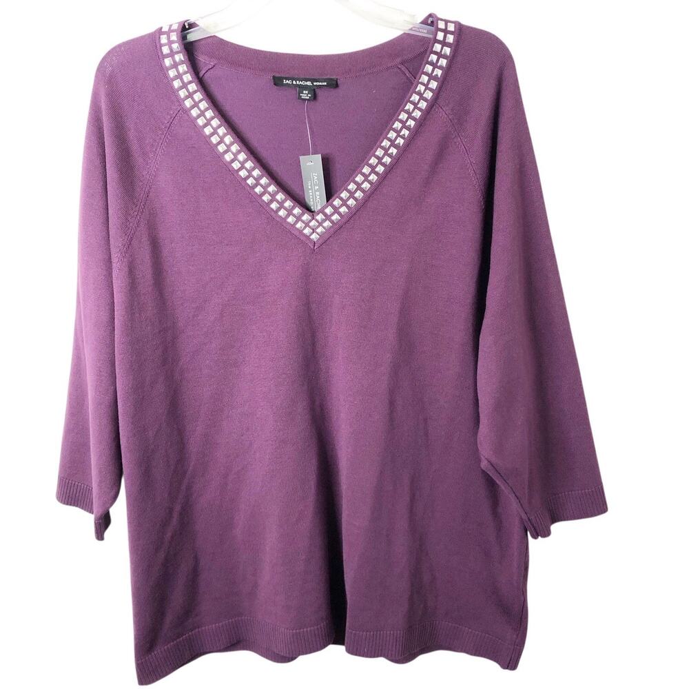 Zac & Rachel Woman NWT V-Neck 3/4 Length Sleeve Embellished Purple Sweater 3X